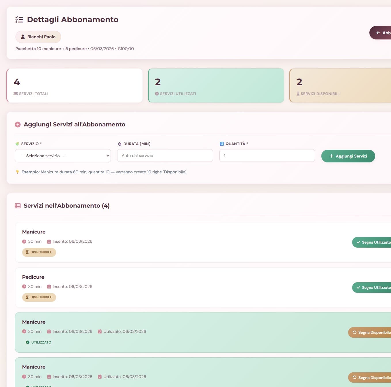 Dettaglio servizi abbonamento cliente salone — sedute disponibili e utilizzate — VenereBCloud