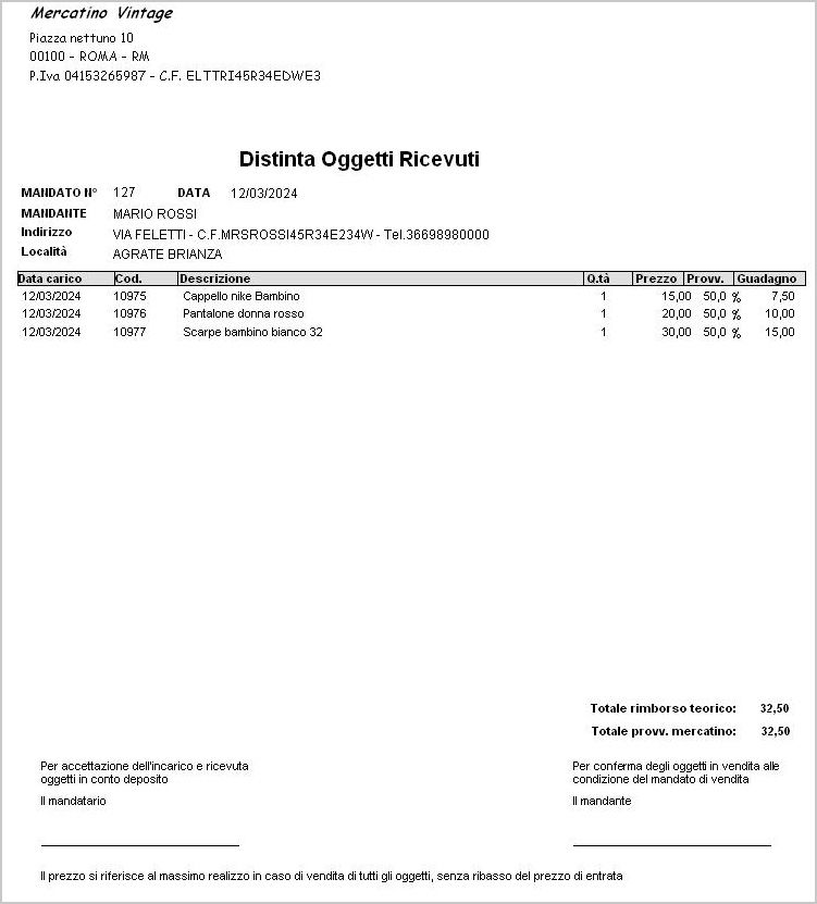 distinta oggetti ricevuti software mercatino usato