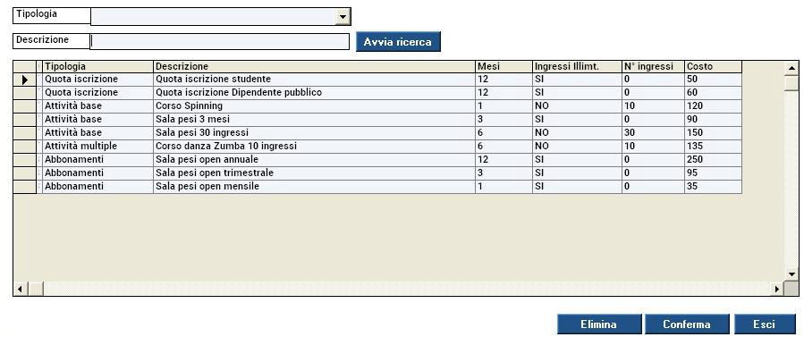 inserimento elenco corsi gestionale palestra