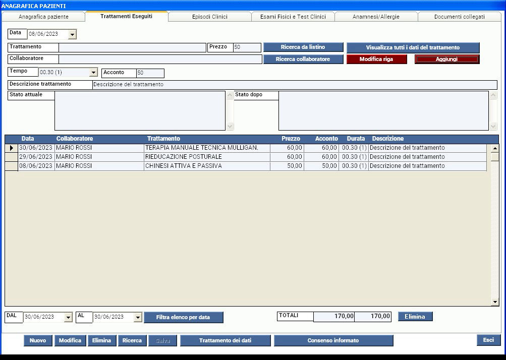 elenco dei trattamenti software studio fisioterapico