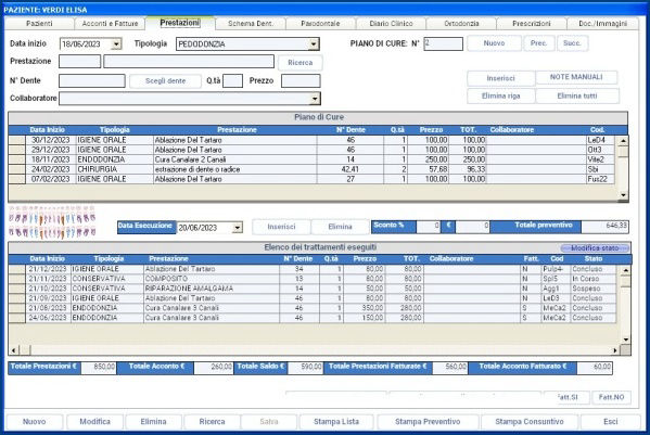 Piano di cure in un software gestionale odontoiatrico