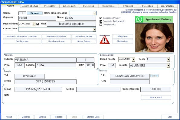 Scheda anagrafica del paziente in un software gestionale per studi dentistici