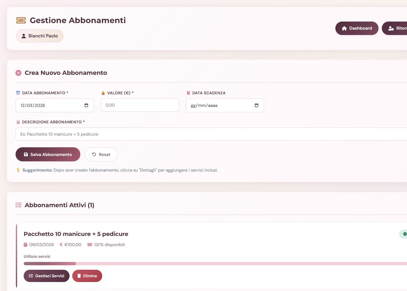 Gestione abbonamenti clienti salone parrucchieri centri estetici — VenereBCloud