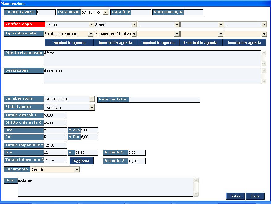 inserimento impianto software di manutenzione