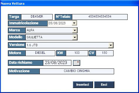 inserimento vettura gestione officina