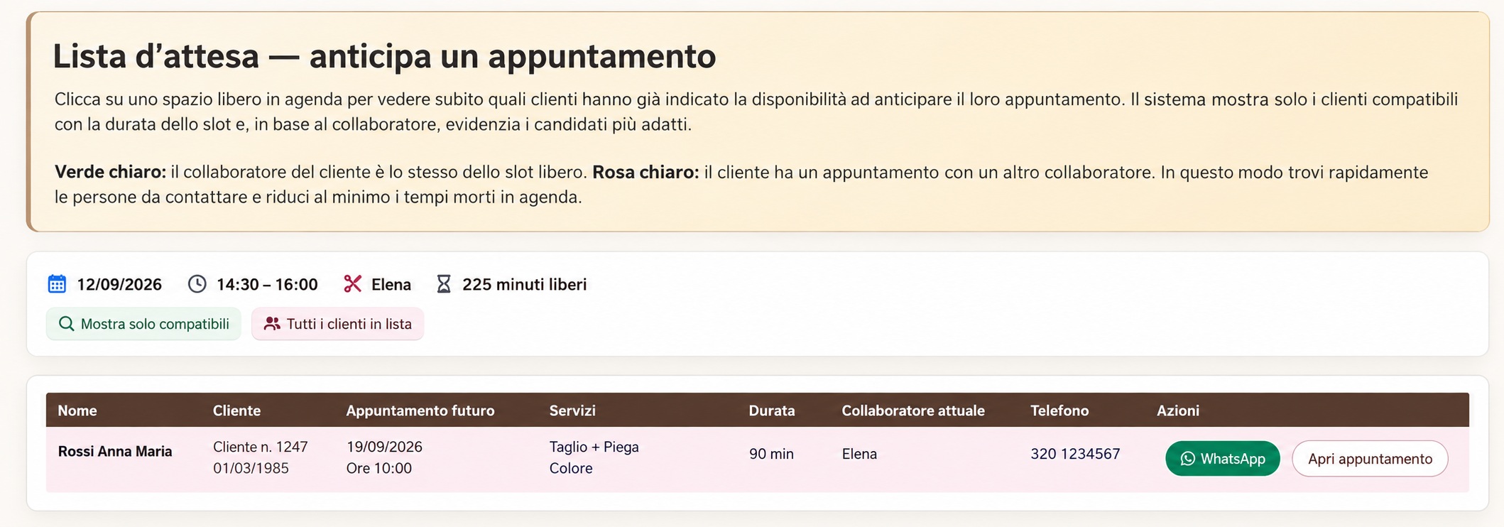 Schermata Controlla lista d'attesa del software per parrucchieri con clienti disponibili ad anticipare l'appuntamento