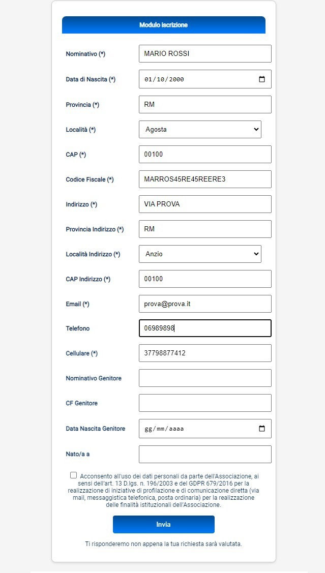 modulo iscrizione online software palestre