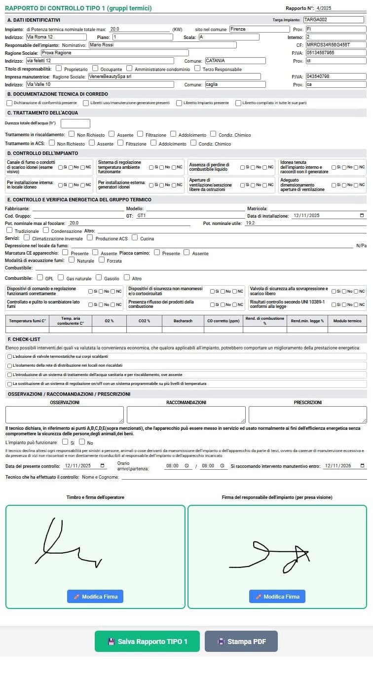 Creazione rapporto controllo tipo 1 impianti termici con firma digitale cliente