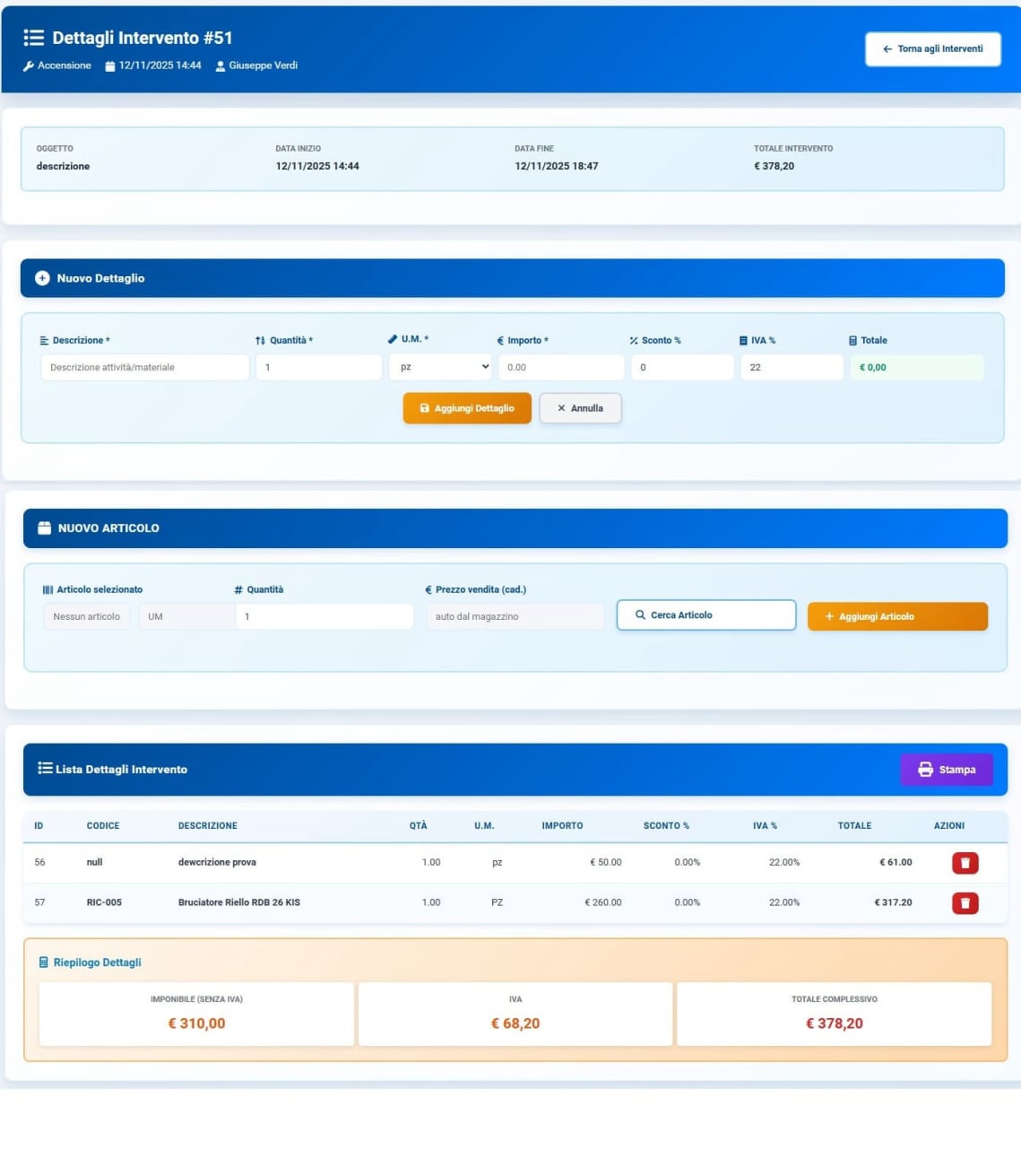 Dettaglio intervento assistenza caldaia con articoli sostituiti e servizi effettuati
