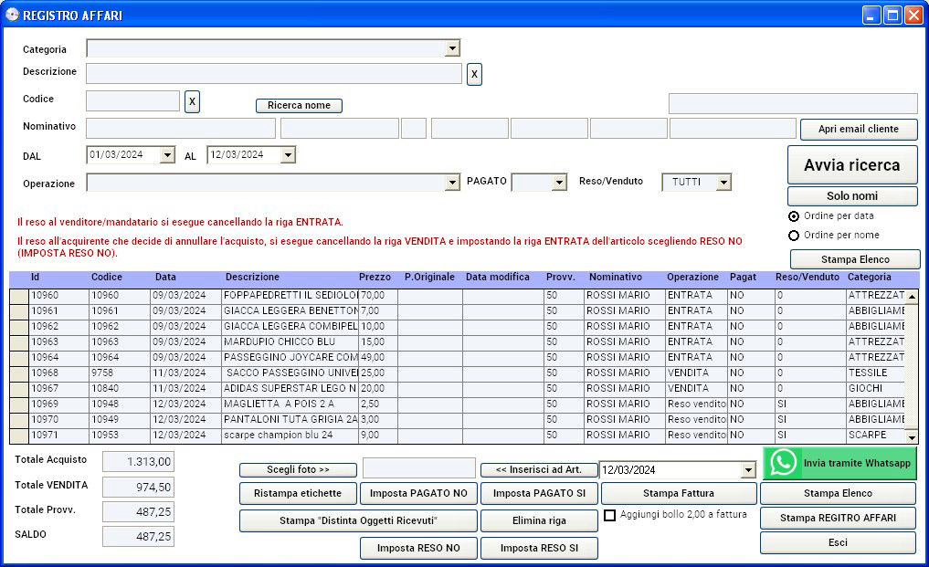 registro degli affari software mercatino