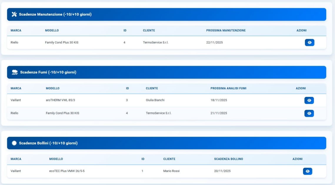 Gestione scadenze manutenzioni ordinarie, controllo fumi e rinnovo bollino caldaia