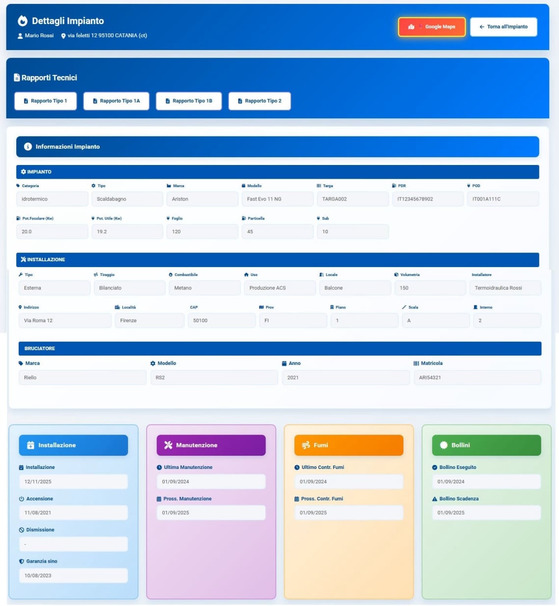 Scheda dettaglio impianto con date installazione e scadenze manutenzione caldaia