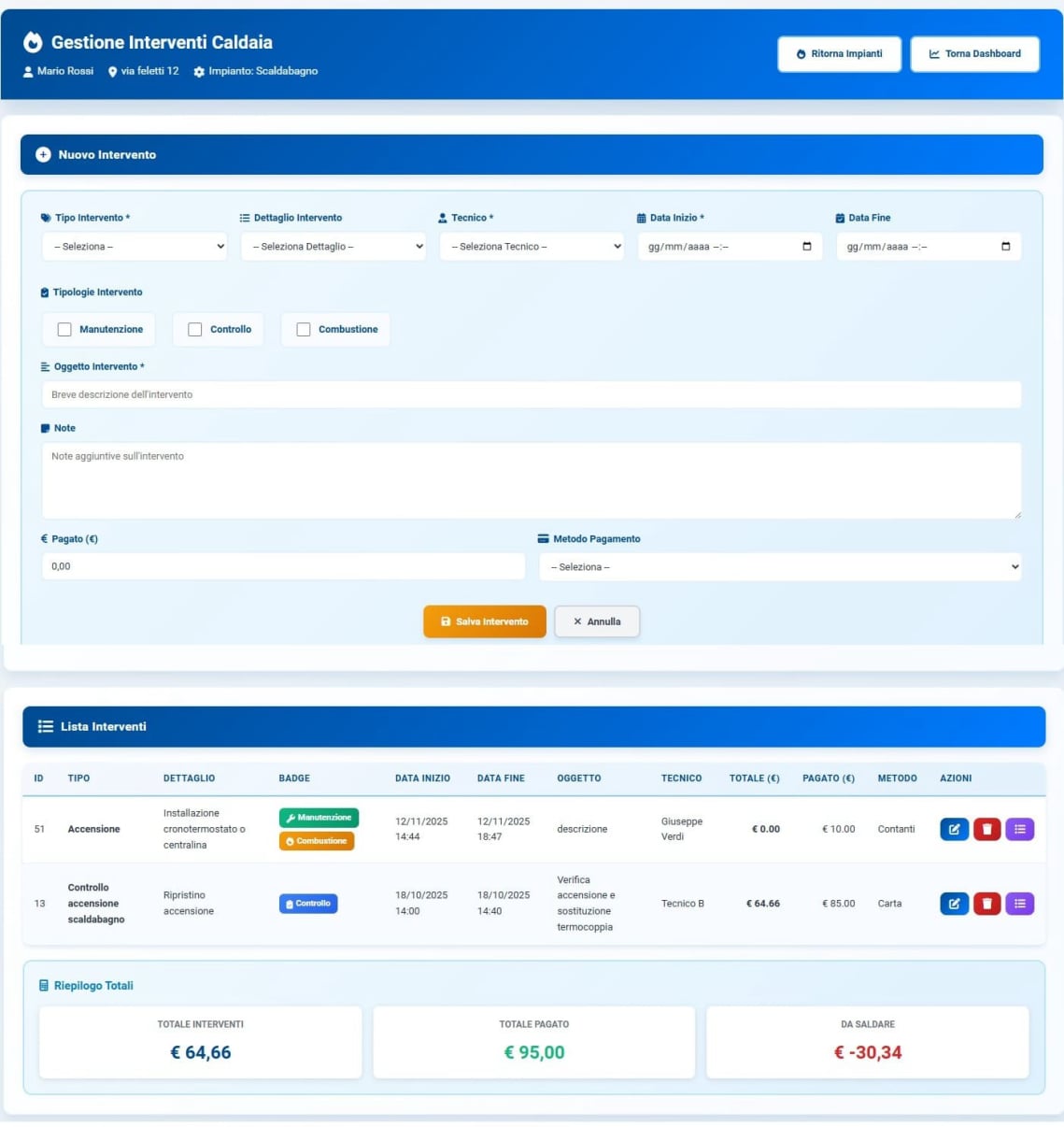 Storico interventi manutenzione per impianto con riepilogo guadagni e pagamenti