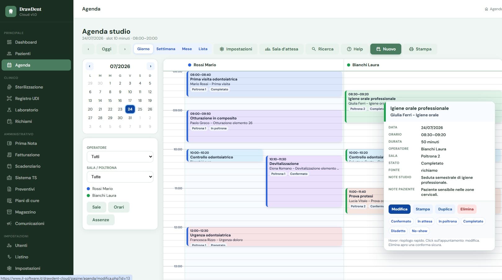 Agenda giornaliera multi-operatore di DrawDent Cloud con appuntamenti, orari, servizi, sale e poltrone dello studio dentistico