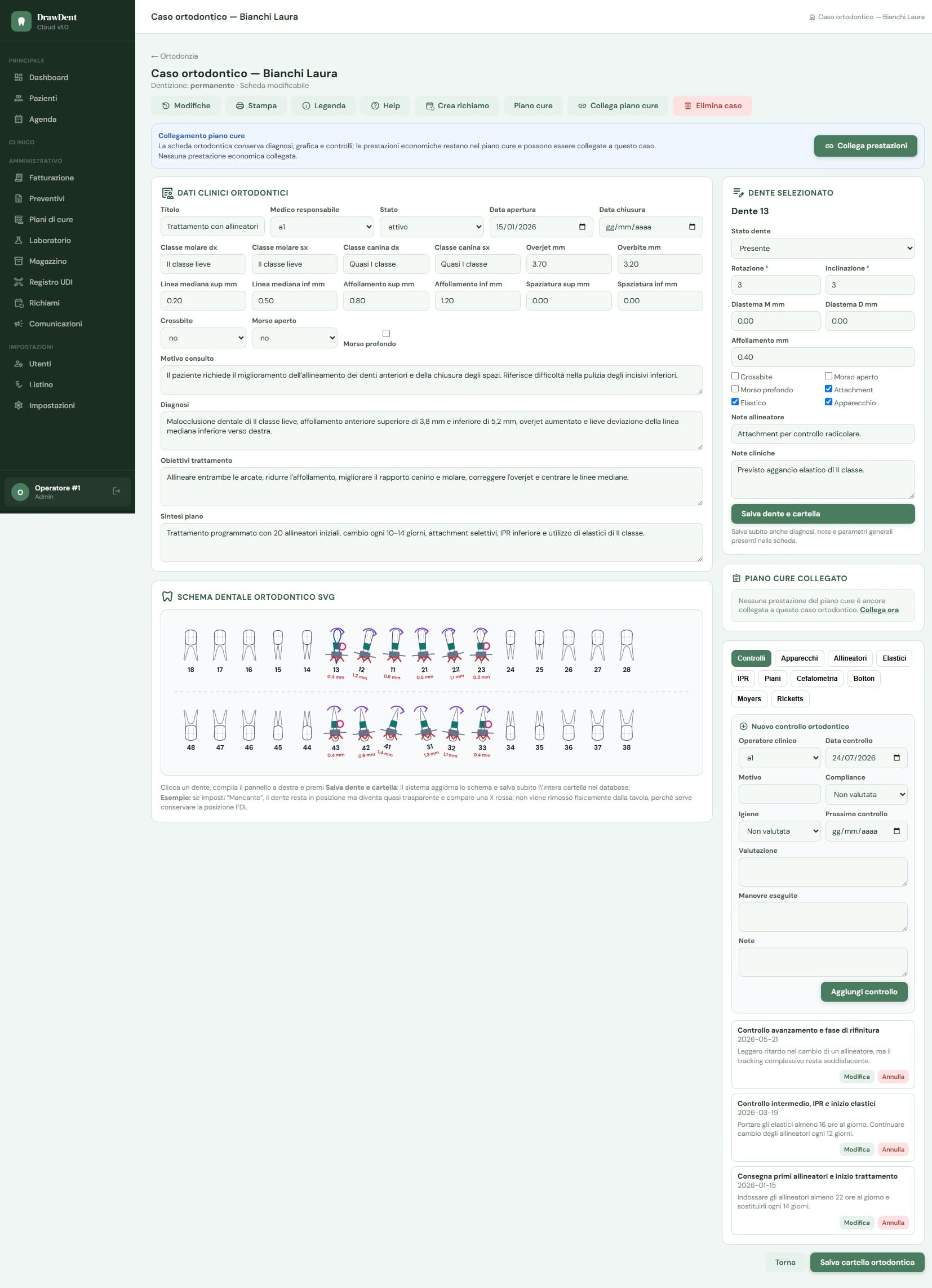 Caso ortodontico in DrawDent Cloud con diagnosi, parametri occlusali, schema dentale interattivo, apparecchi e controlli