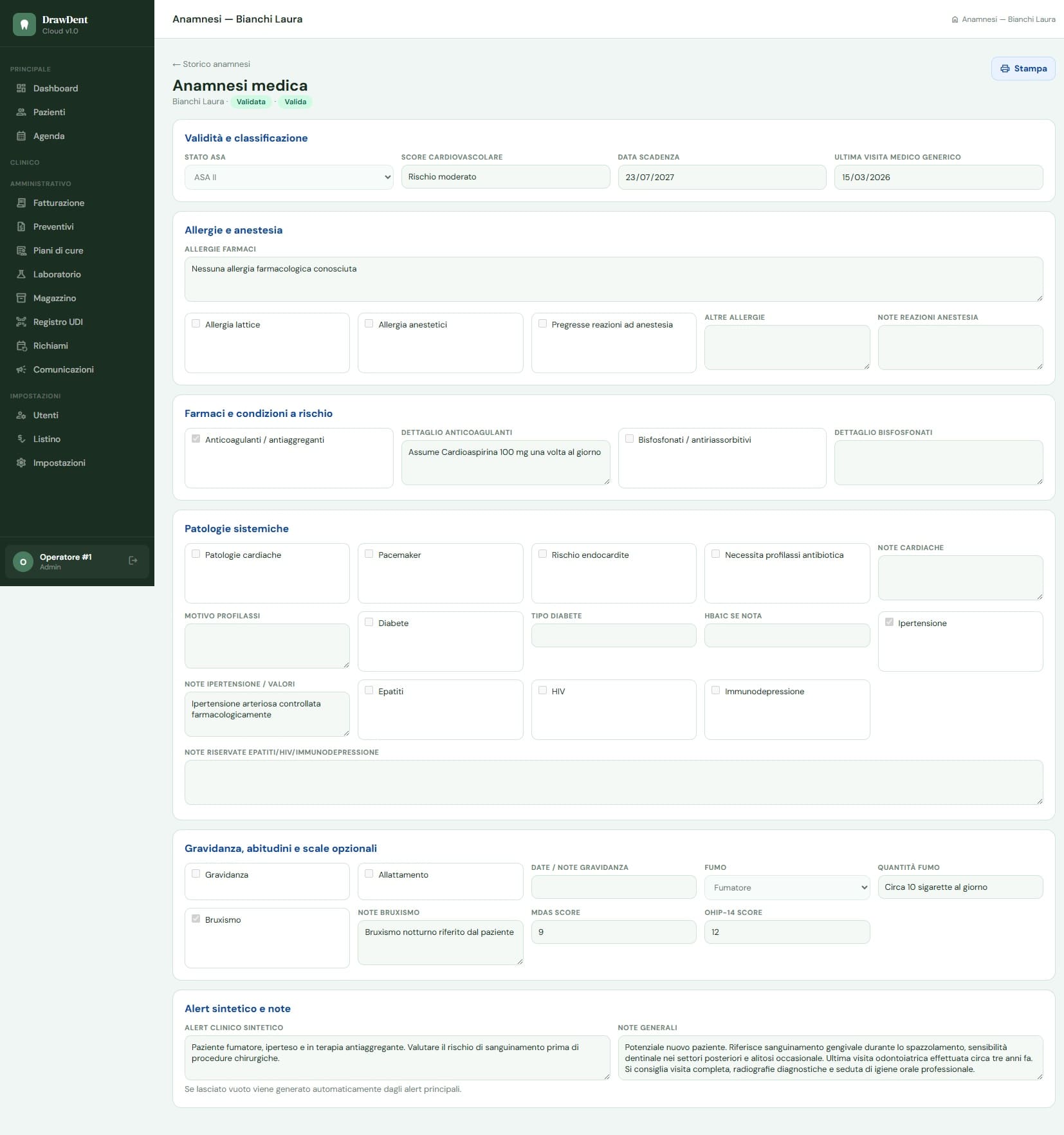 Finestra completa per la compilazione dell’anamnesi medica del paziente in DrawDent Cloud