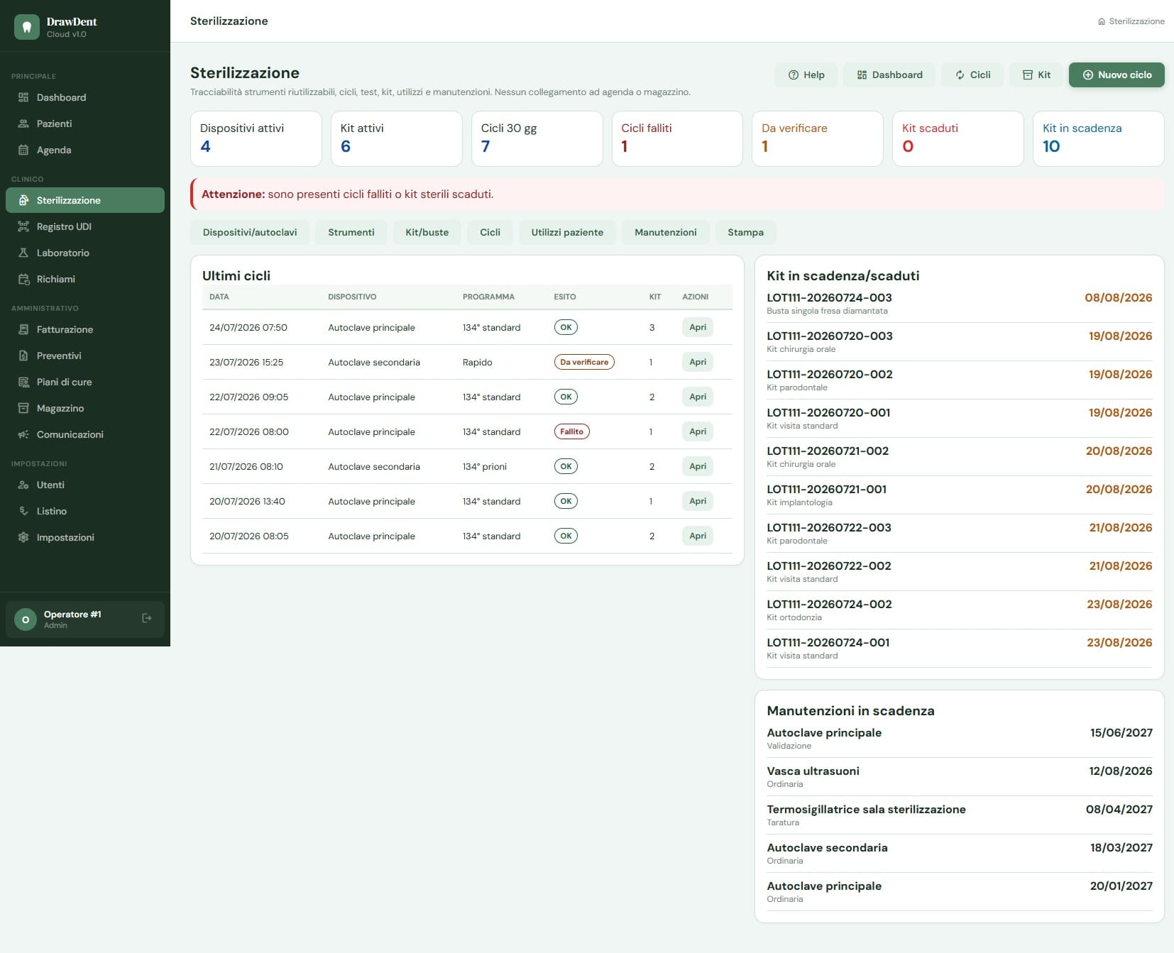 Dashboard sterilizzazione di DrawDent Cloud con cicli, kit, scadenze, test e manutenzioni dei dispositivi