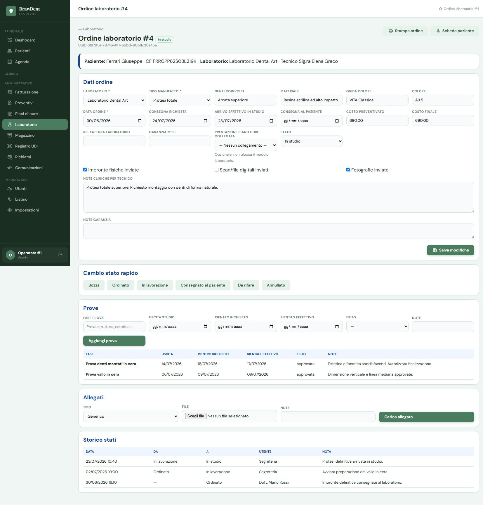 Dettaglio di un ordine al laboratorio odontotecnico in DrawDent Cloud con manufatto, materiale, colore, costi, prove e allegati