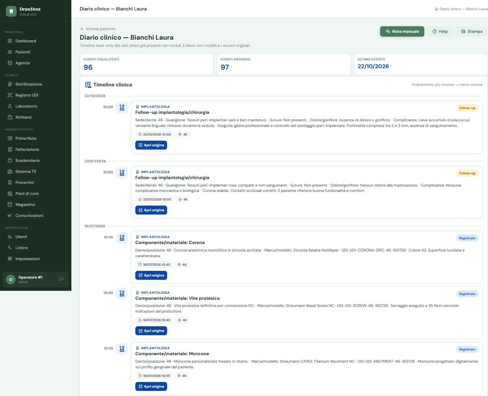 Diario clinico di DrawDent Cloud con timeline cronologica delle prescrizioni, cartelle specialistiche, odontogramma e Piano di cura del paziente
