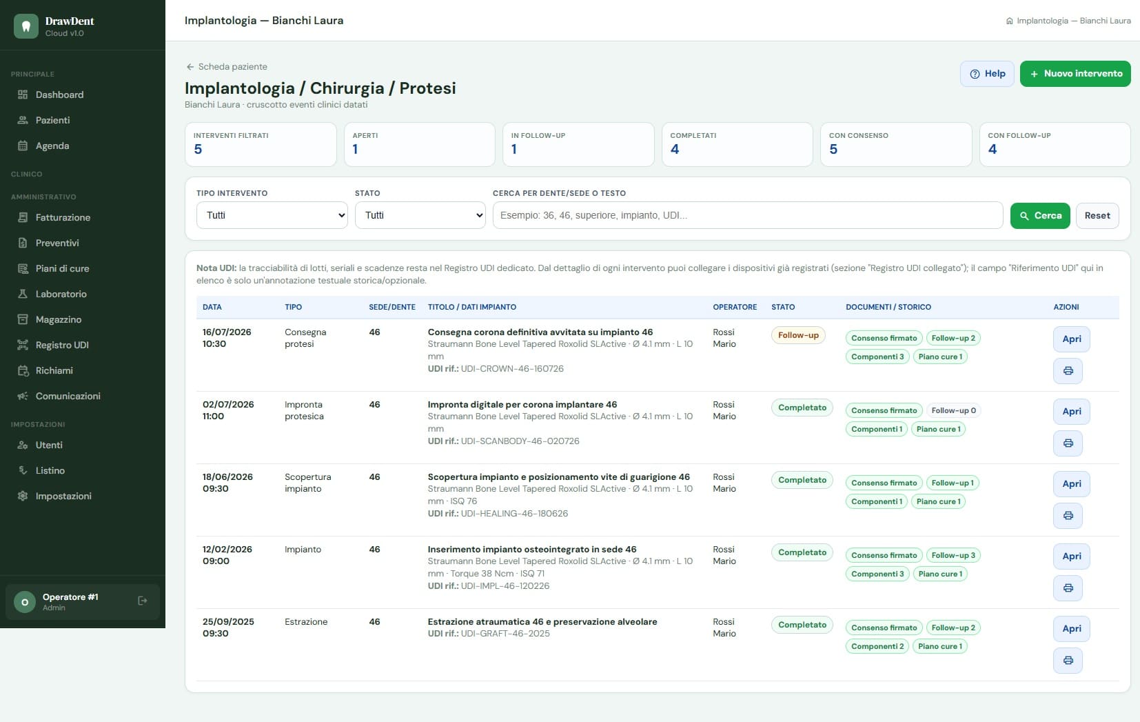 Elenco degli interventi di implantologia, chirurgia e protesi del paziente nel gestionale odontoiatrico DrawDent Cloud