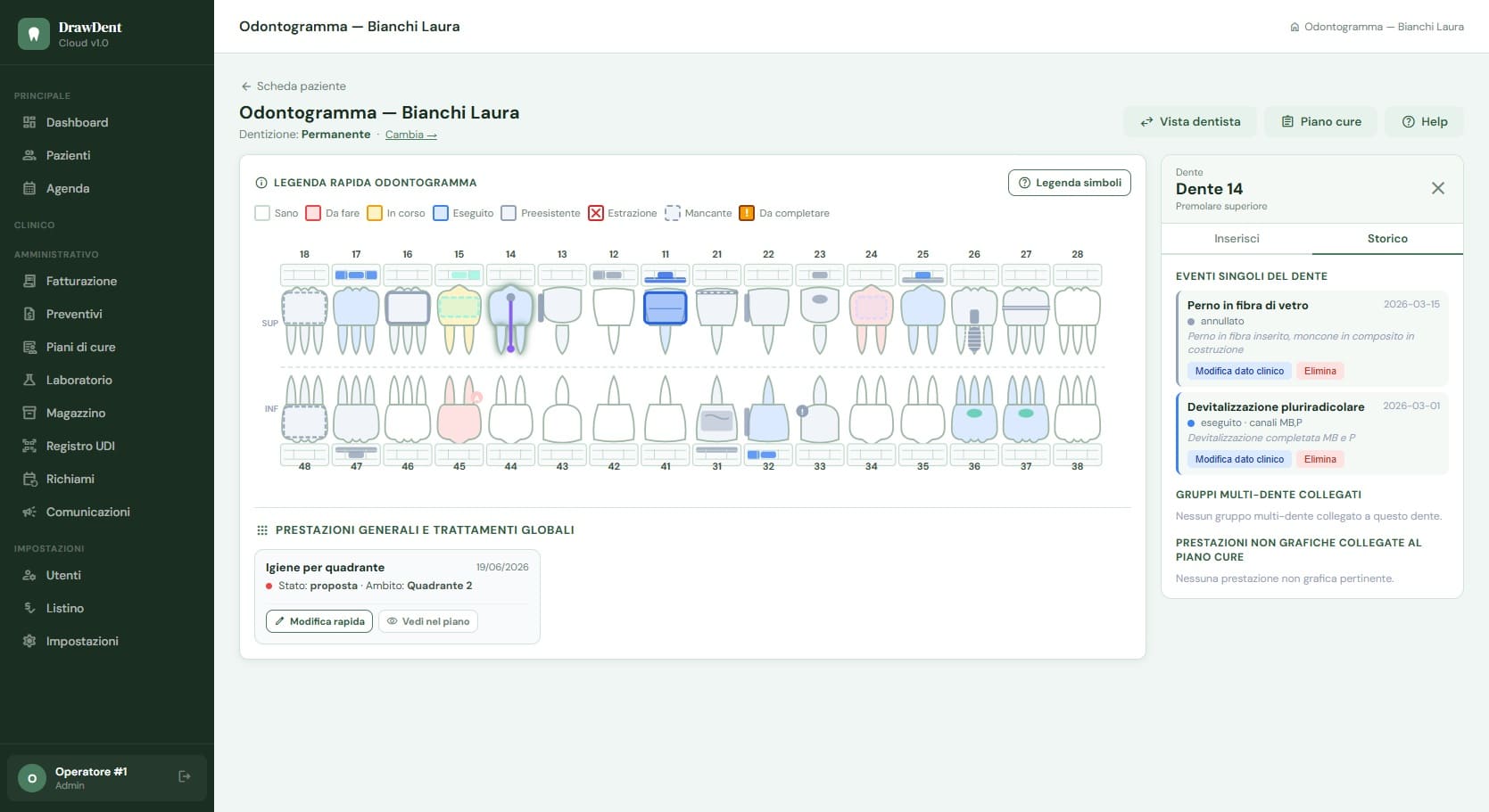 Odontogramma interattivo di DrawDent Cloud con trattamenti, superfici dentali e stati clinici rappresentati graficamente