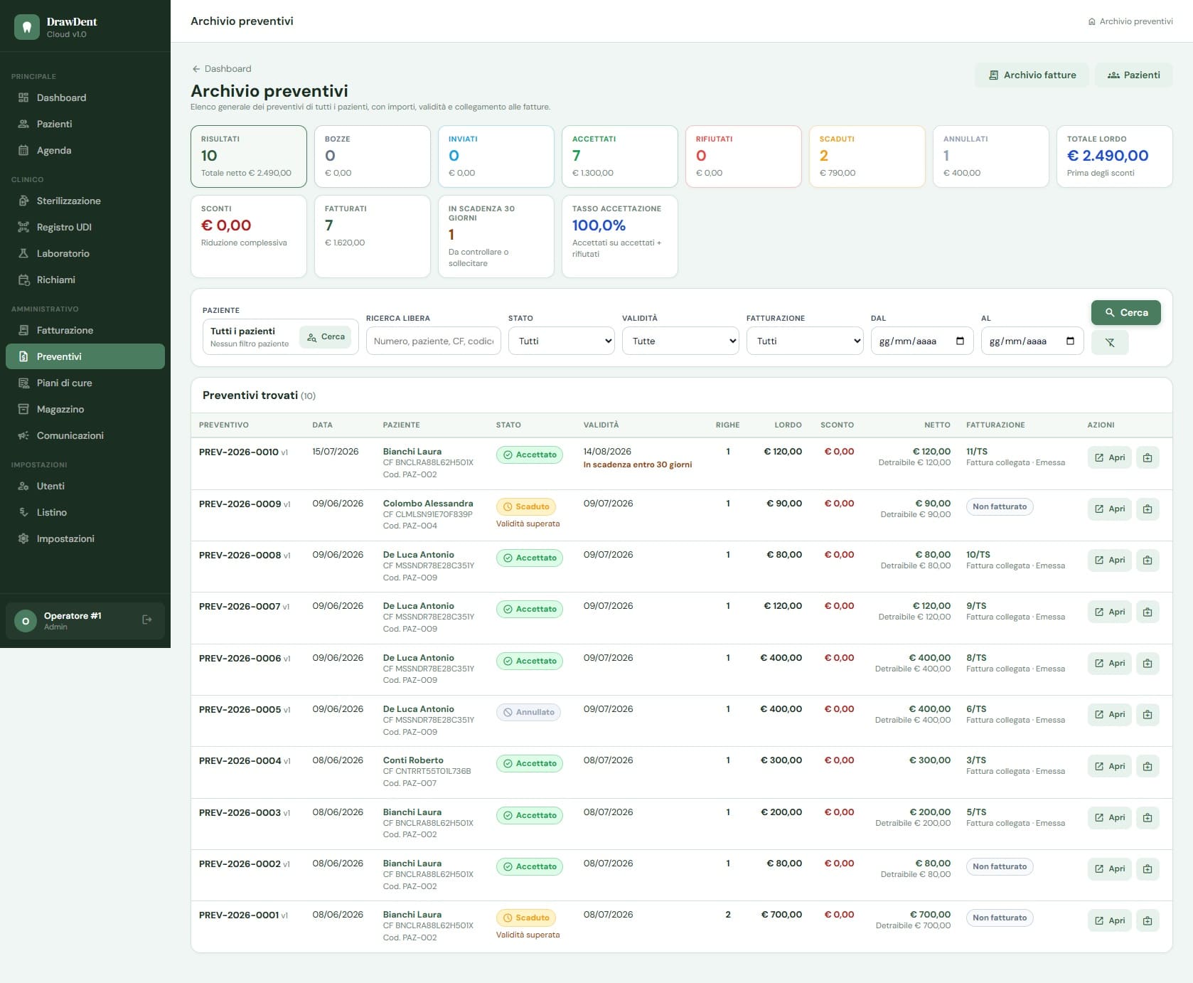 Preventivo odontoiatrico e piano di pagamento del paziente in DrawDent Cloud con prestazioni, acconto, rate, scadenze e saldo