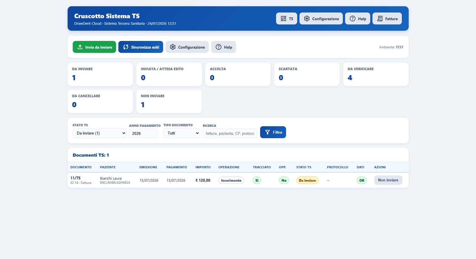 Gestione delle fatture odontoiatriche per il Sistema Tessera Sanitaria in DrawDent Cloud con coda, invii, esiti e ricevute