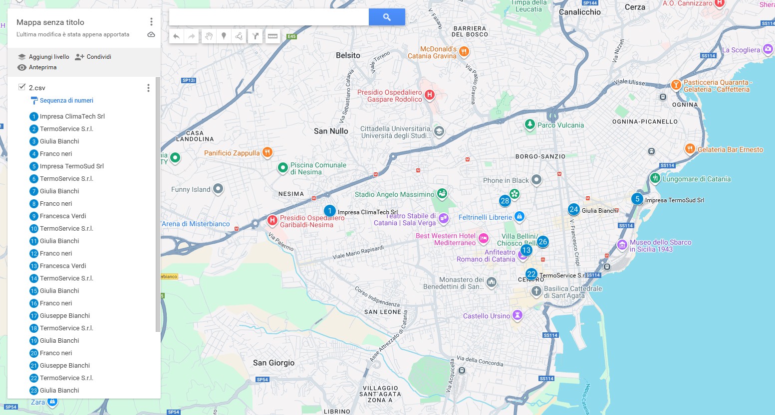 Dashboard Google Maps integrata nel software gestionale caldaie X-CloudMaint che mostra la geolocalizzazione degli impianti termici con pin colorati in base alle scadenze bollini e controlli fumi per ottimizzare i giri tecnici per zona geografica