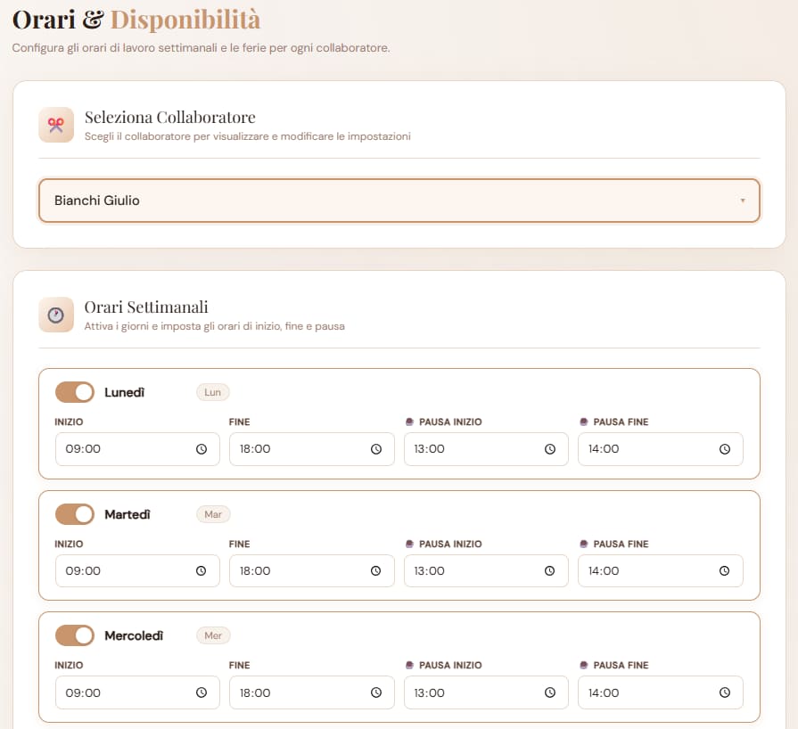 Configurazione orari settimanali e ferie operatrici centro estetico — VenereBCloud