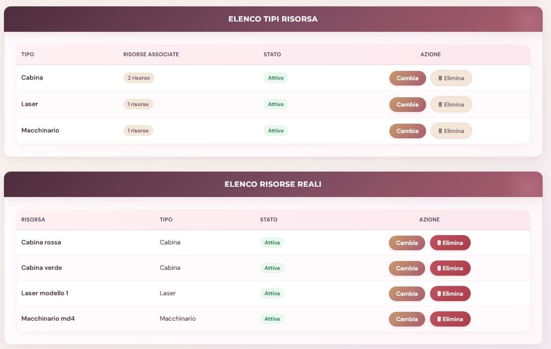 Gestione cabine, lettini e macchinari agenda centro estetico — VenereBCloud
