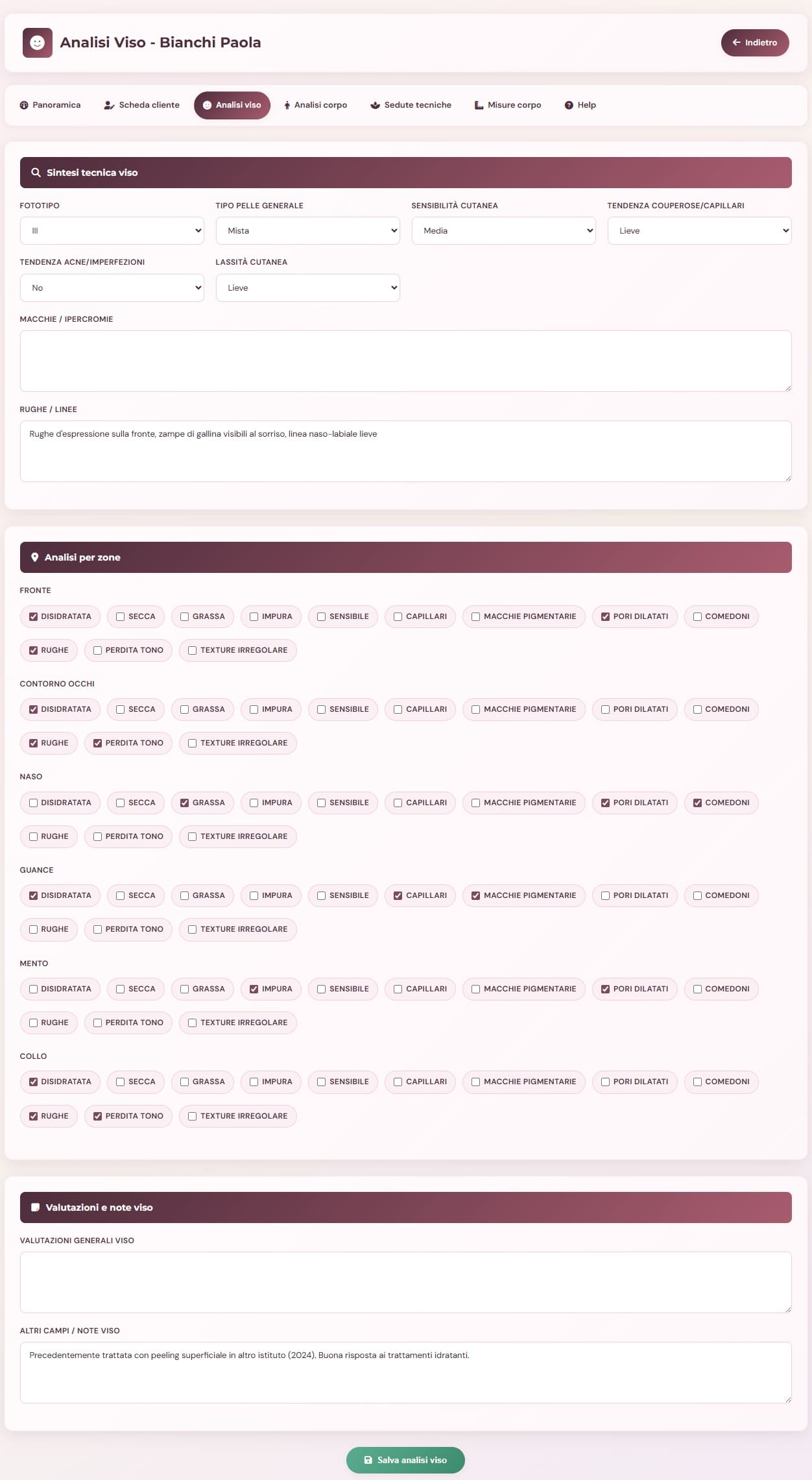 Analisi viso centro estetico con tipo pelle, fototipo, sensibilità cutanea e valutazione per zone — VenereBCloud