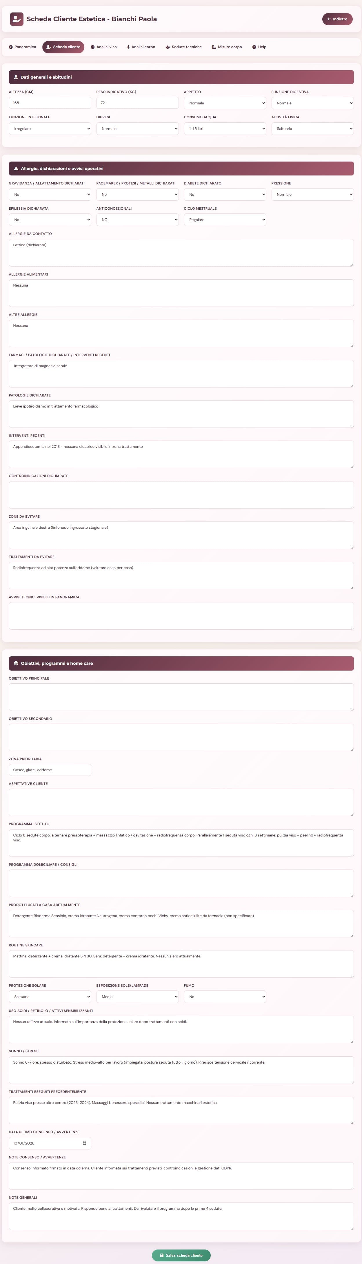 Scheda cliente centro estetico con anamnesi, allergie, dichiarazioni mediche e obiettivi estetici — VenereBCloud