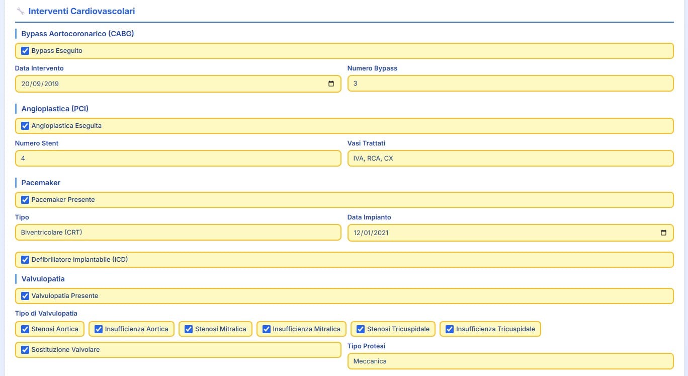 Interventi cardiologici pregressi nel software per studio medico cardiologico