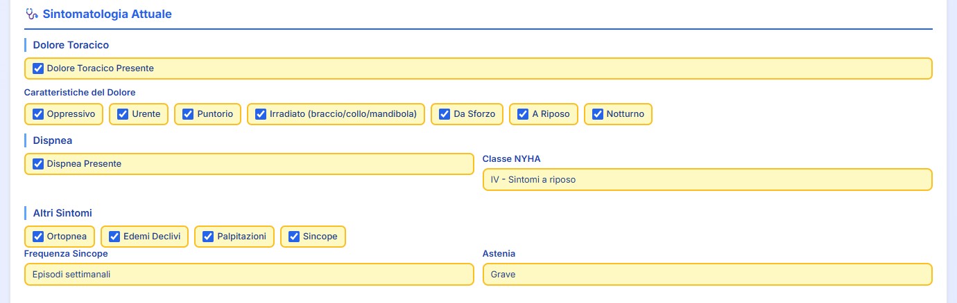Sintomatologia cardiologica attuale nel software gestionale medico