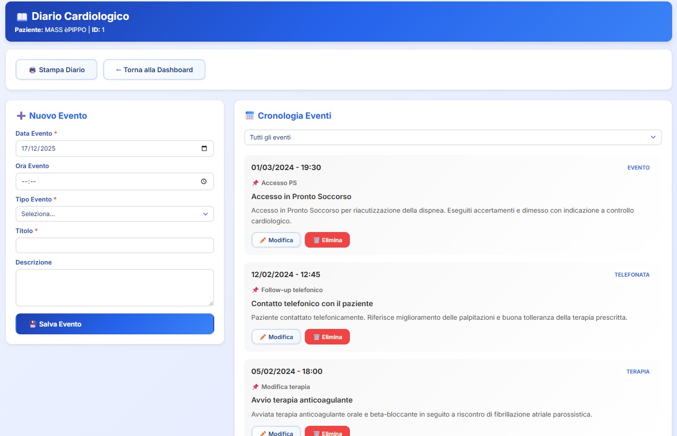 Diario clinico cardiologico con riepilogo cronologico di visite, esami e terapie