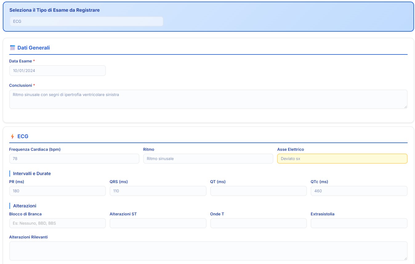 Risultati ECG con frequenza, ritmo e alterazioni nel software cardiologico