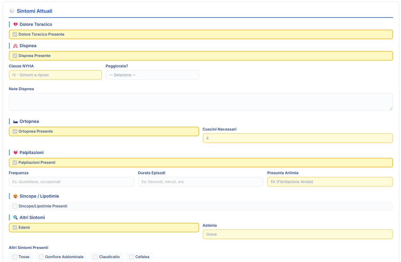 Sintomi cardiologici attuali con classificazione NYHA