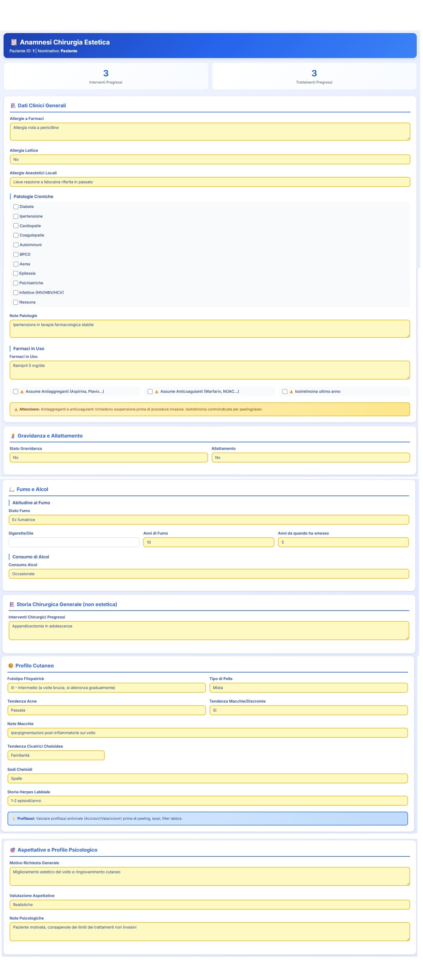 Schermata dell’anamnesi per chirurgia estetica con riepilogo del profilo clinico del paziente: allergie, patologie croniche, farmaci, stato gravidanza, fumo, alcol, profilo cutaneo, storia chirurgica e valutazione delle aspettative estetiche