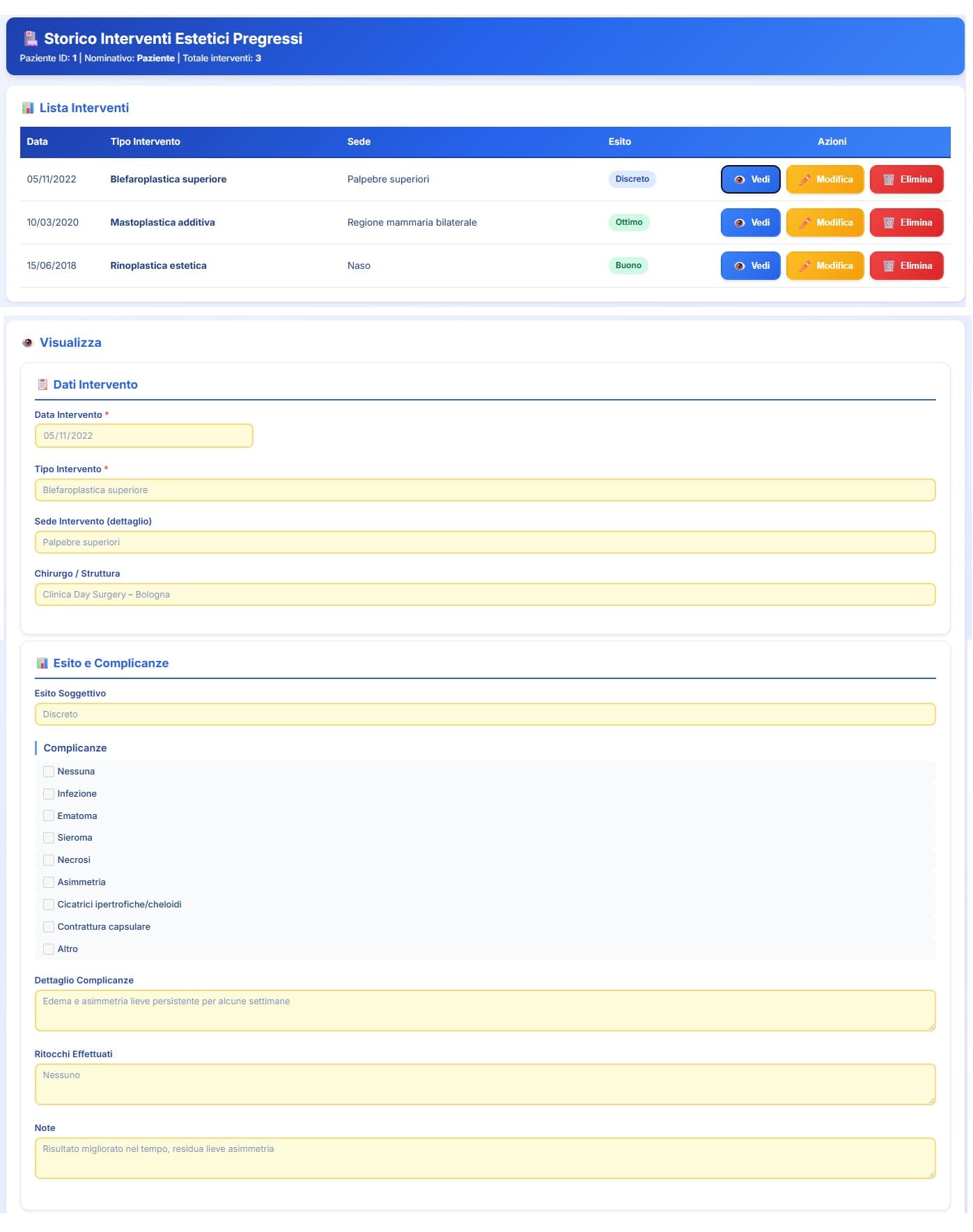 Schermata dello storico degli interventi estetici pregressi del paziente con elenco cronologico, tipo di intervento, sede anatomica, data ed esito