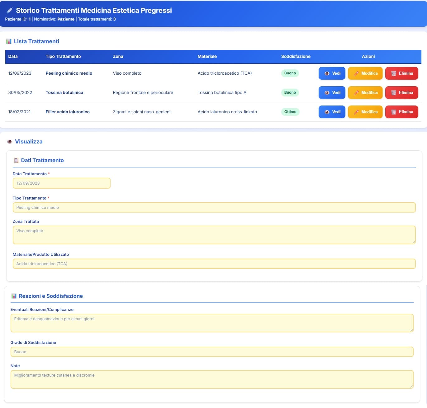 Schermata dello storico dei trattamenti di medicina estetica pregressi del paziente con elenco cronologico, data, tipologia, area trattata, prodotto utilizzato e grado di soddisfazione