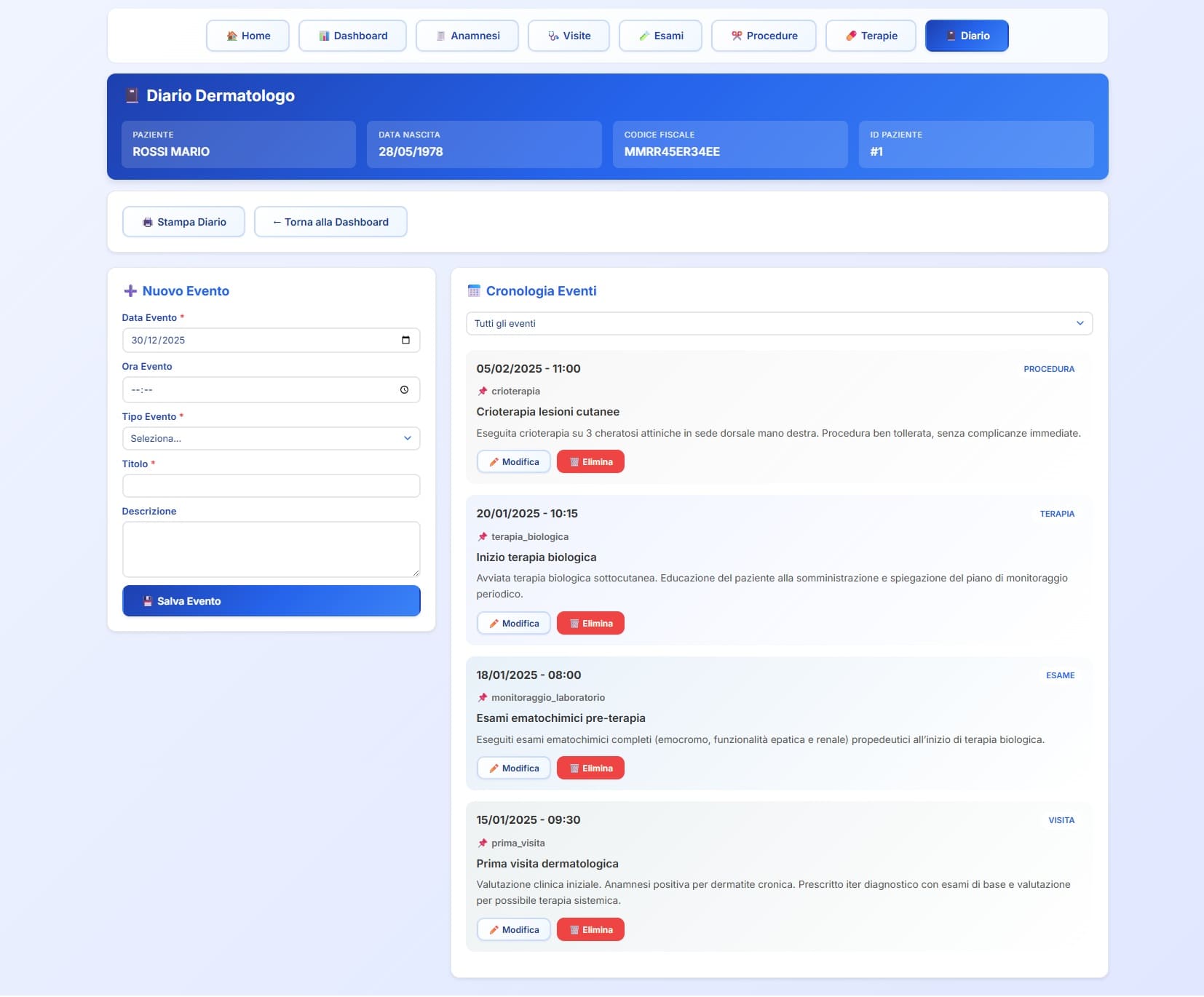 Diario clinico dermatologico con cronologia di visite, esami, terapie e procedure