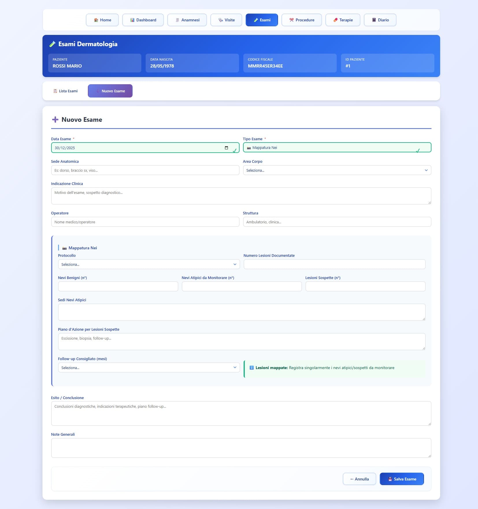 Gestione esami dermatologici e strumentali con dermatoscopia, mappatura nei total body e associazione delle lesioni