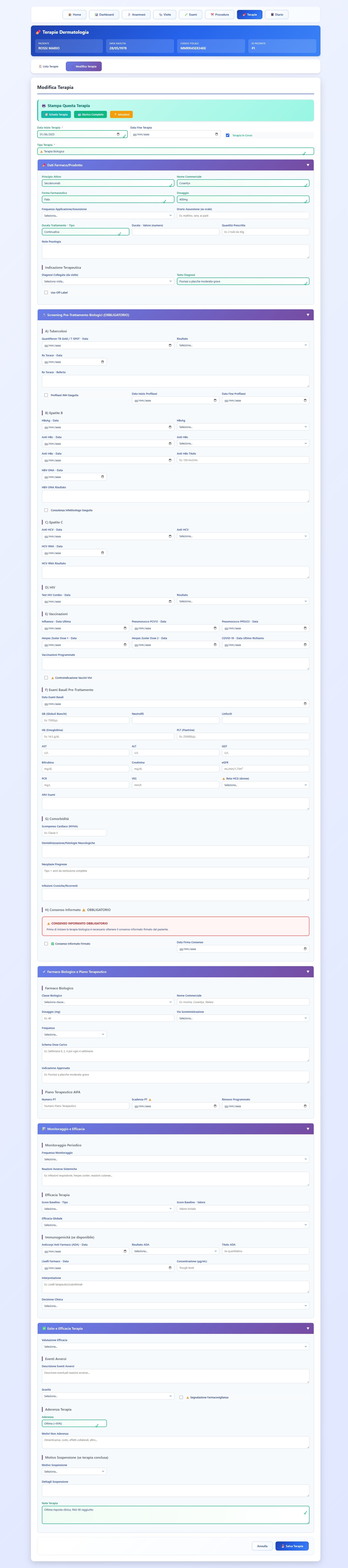 Gestione terapia biologica dermatologica con screening, piano terapeutico e monitoraggio clinico
