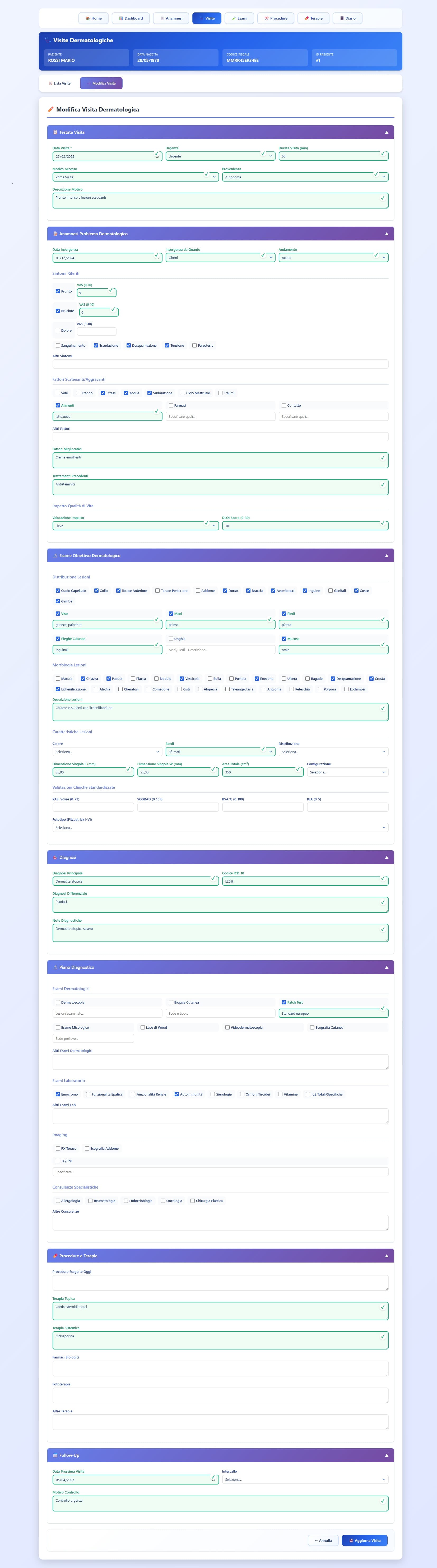 Visita dermatologica strutturata con raccolta completa dei dati clinici, esame obiettivo cutaneo, diagnosi codificate e piano terapeutico
