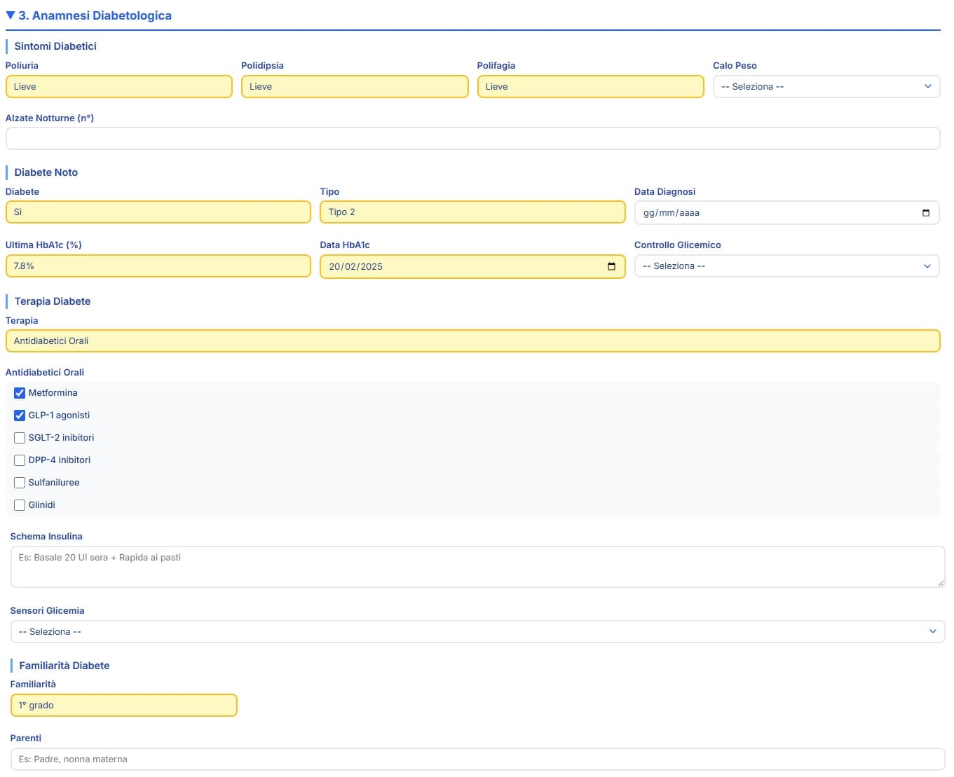Anamnesi diabetologica con diagnosi, controllo glicemico e terapie