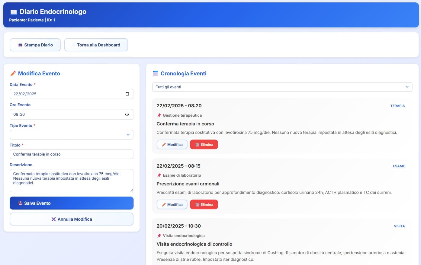 Diario clinico endocrinologico con riepilogo cronologico di visite, esami, terapie ed eventi clinici