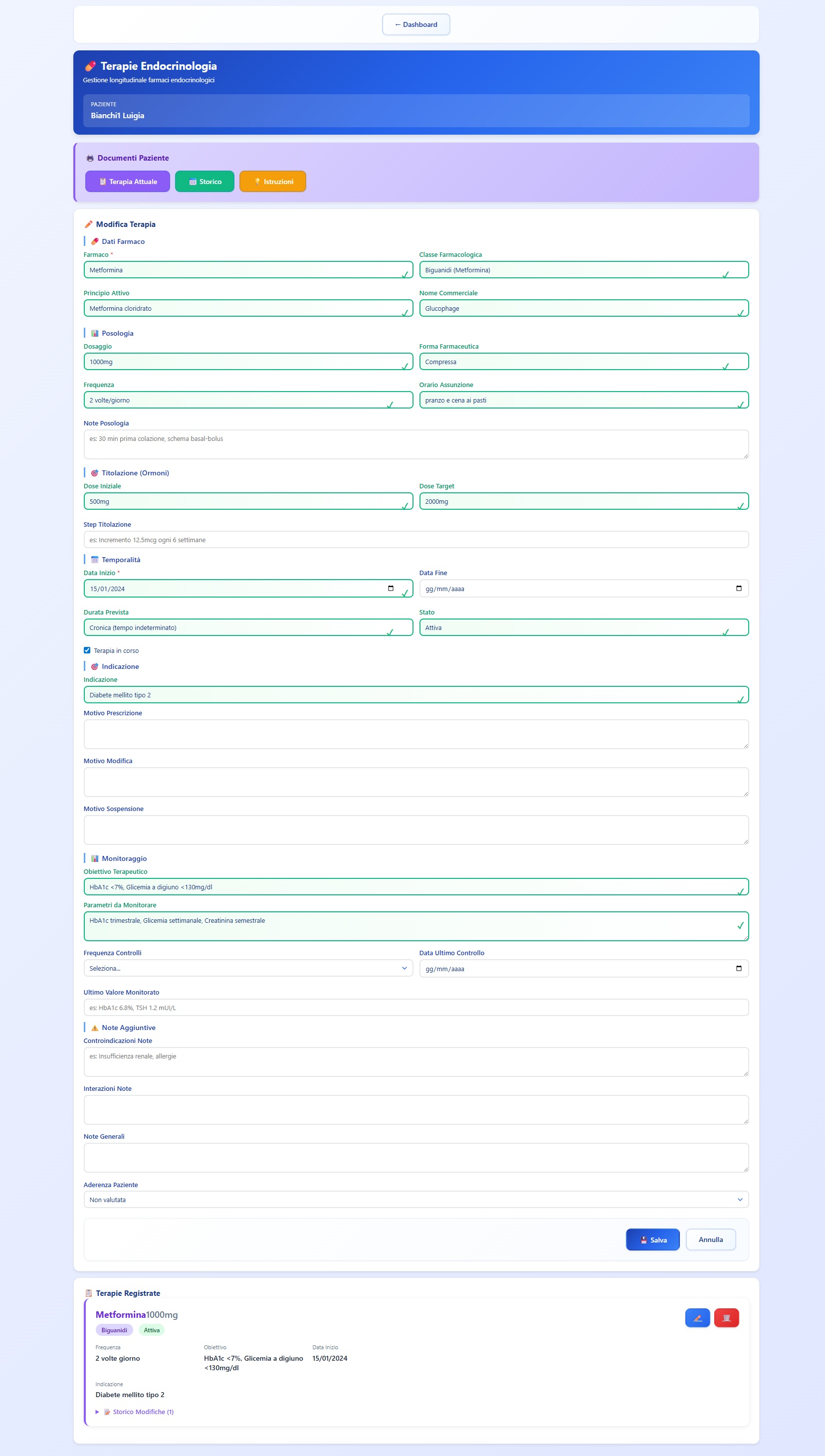 Interfaccia di gestione della terapia endocrinologica con dati del farmaco, posologia, monitoraggio e storico