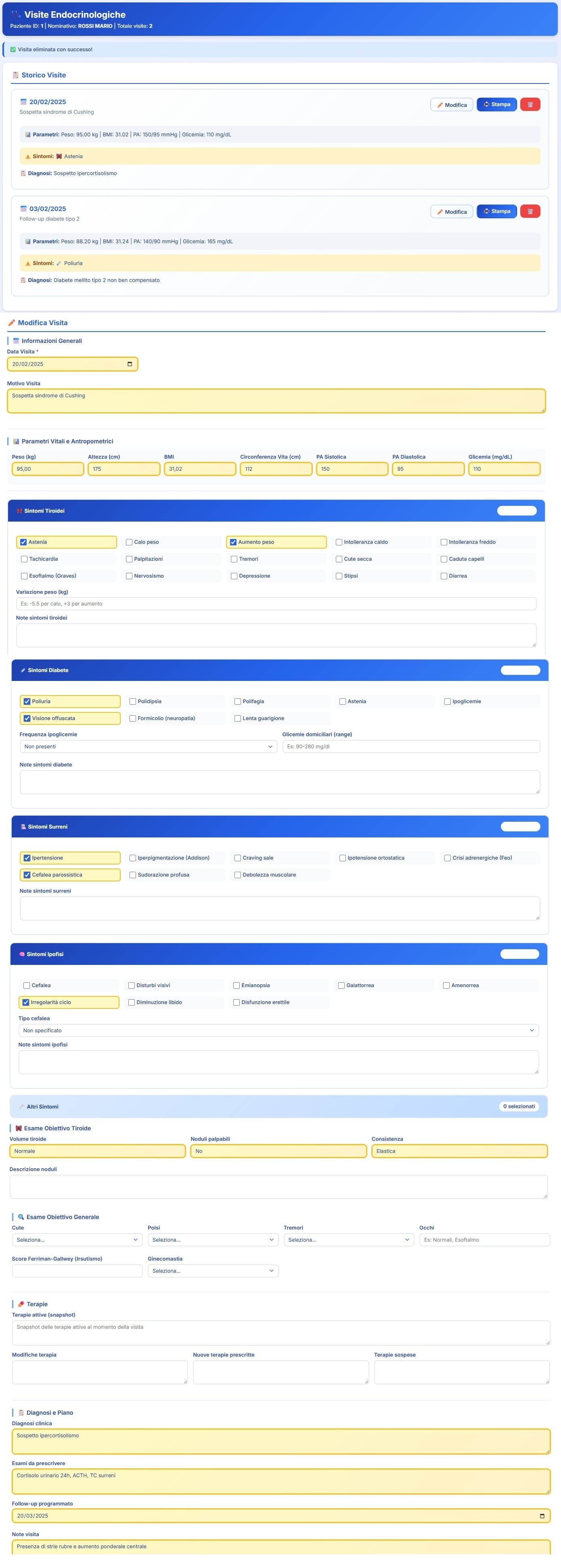 Interfaccia della visita endocrinologica con schede tematiche per parametri vitali, sintomi endocrini, esame obiettivo, terapie e diagnosi