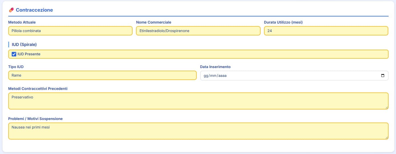 Anamnesi ginecologica con gestione contraccezione e IUD spirale