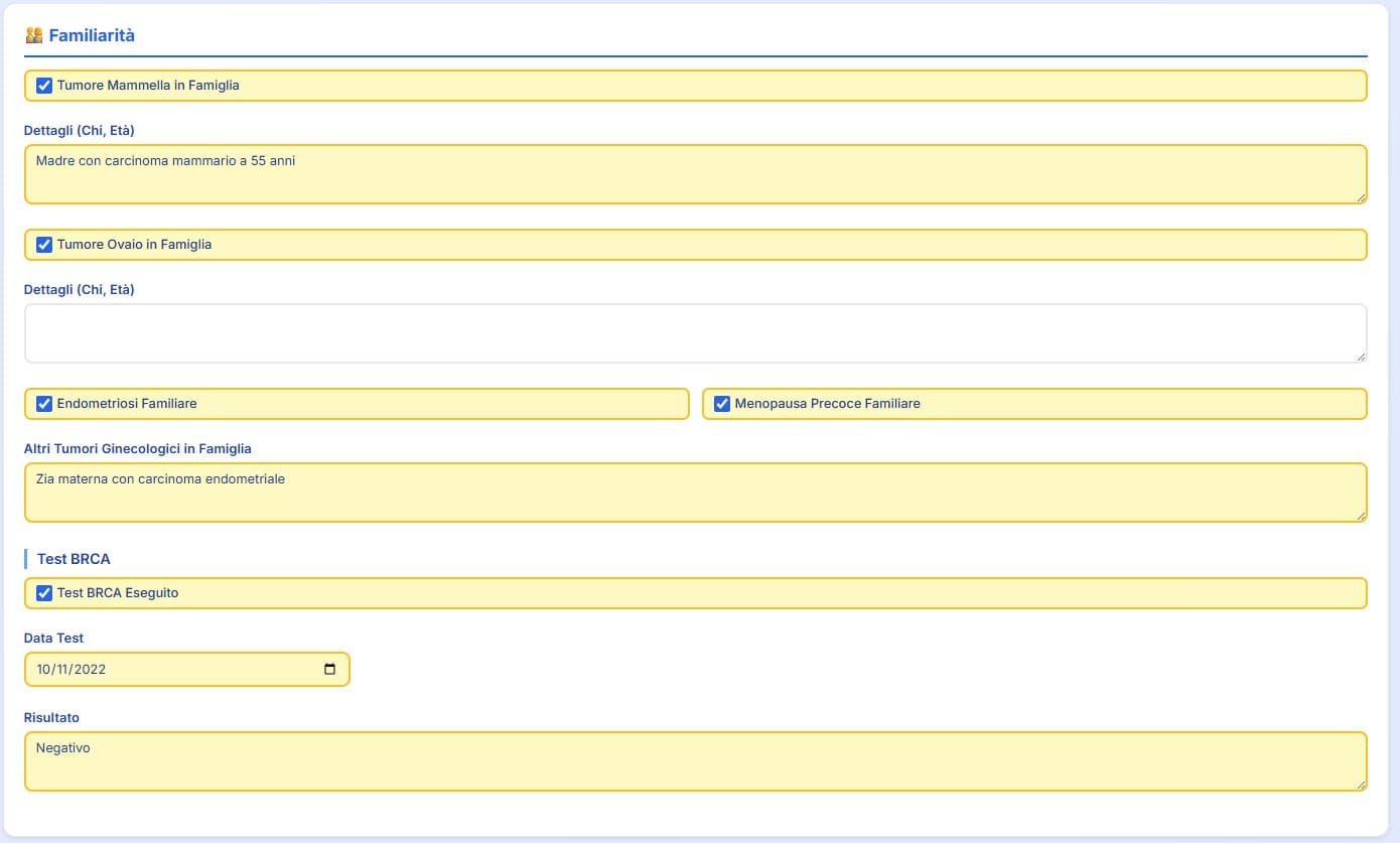 Anamnesi ginecologica familiare con tumori ginecologici e test BRCA